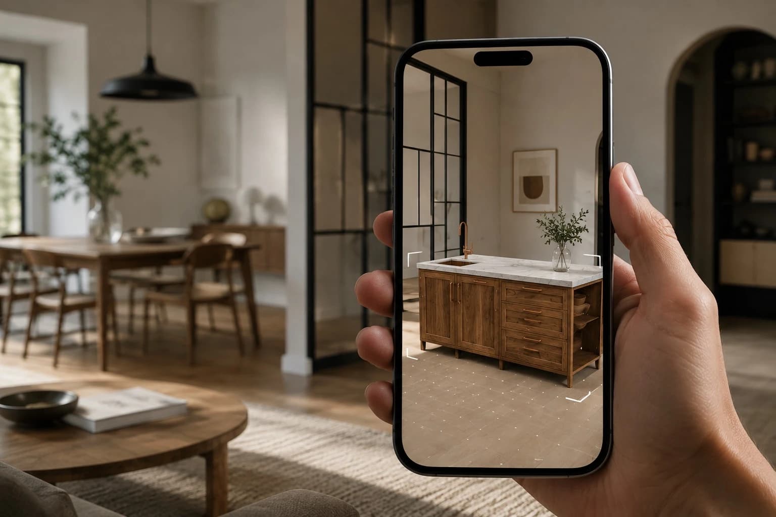 A phone held up in a room, showing a finished kitchen unit standing at full size on the floor in AR